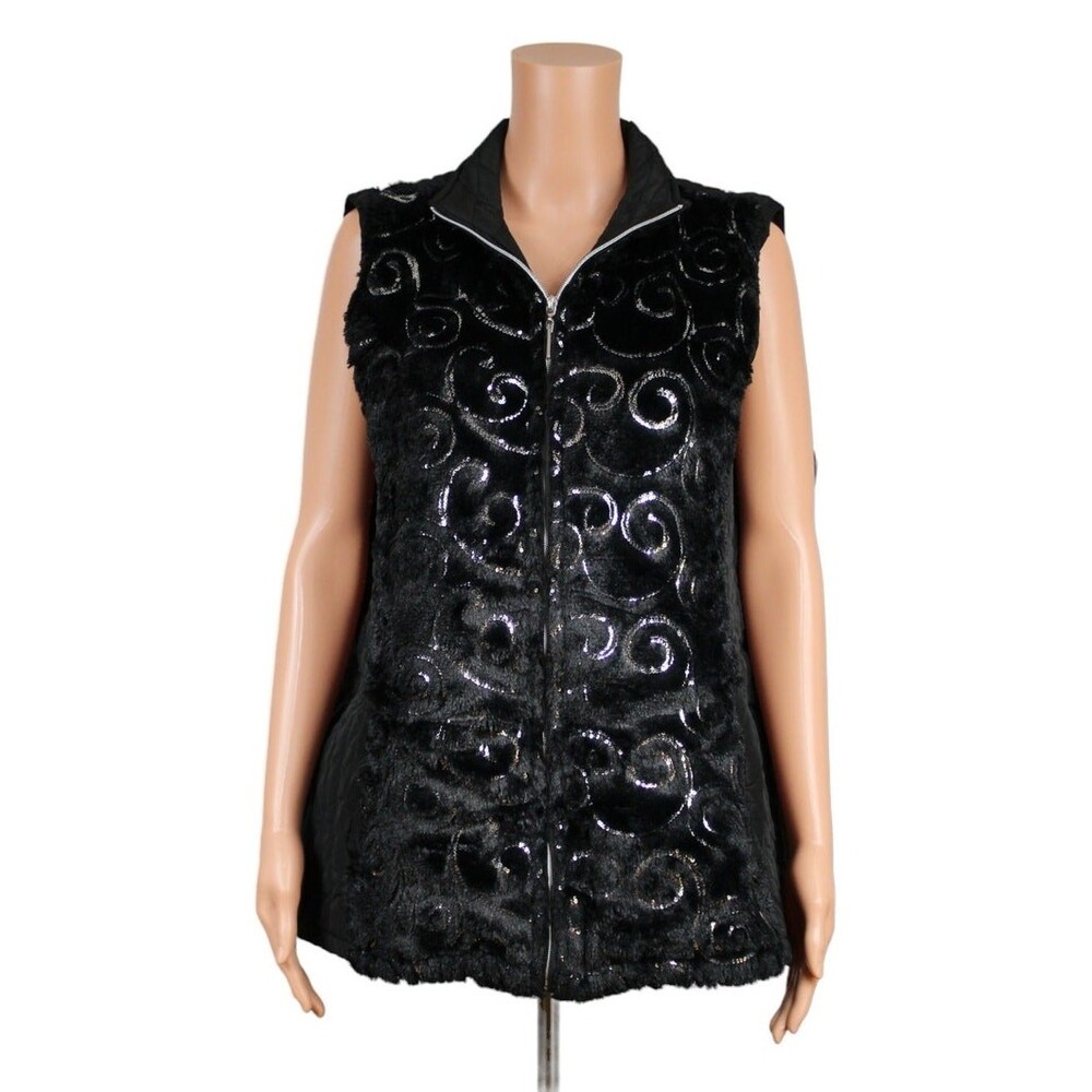 Ac-tiv-ology Women's XL Black Quilted Vest Faux Fur Front Panel Zipper Sleeveles